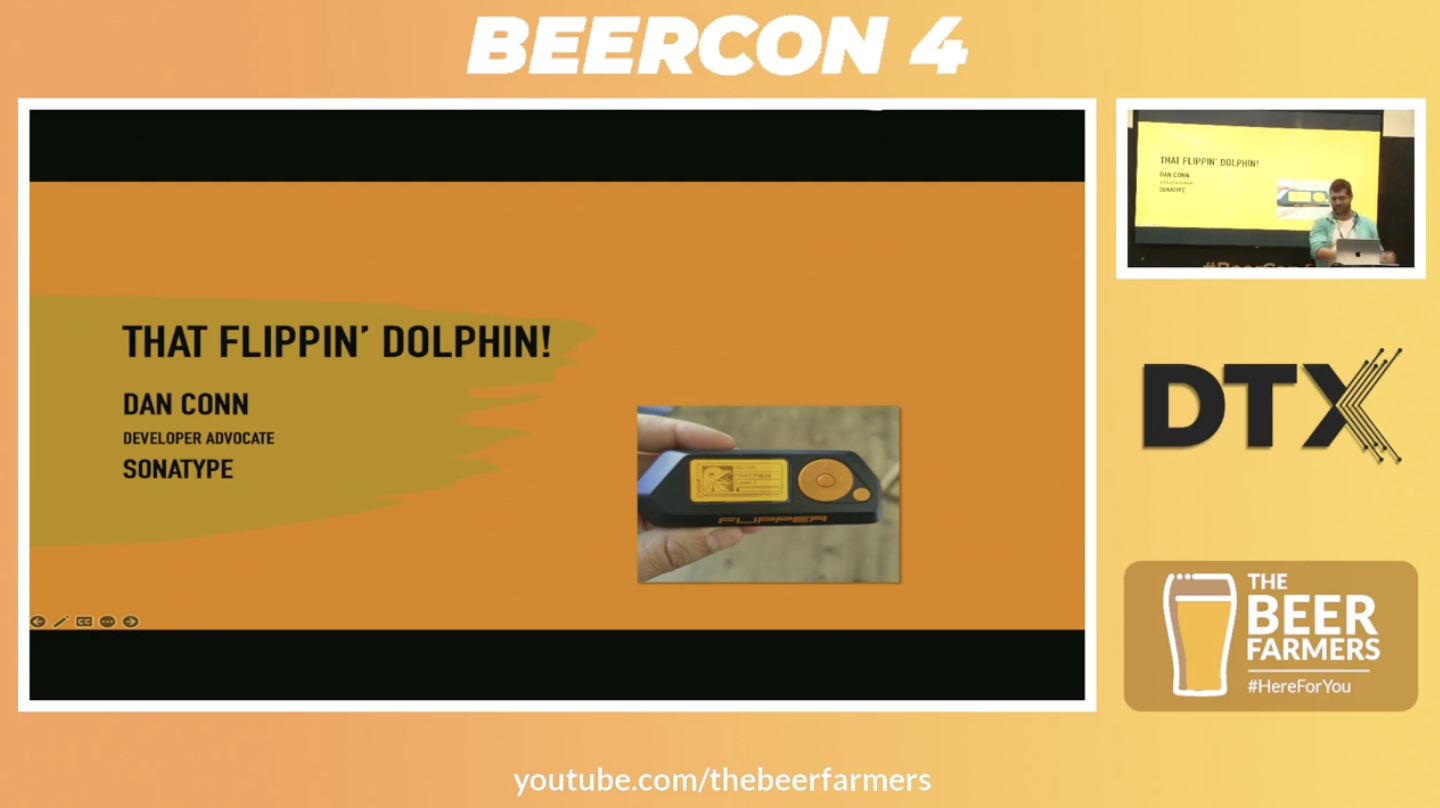 Screenshot of a yellow slide that says, "That Flippin Dolphin, Dan Conn" at BeerCon4