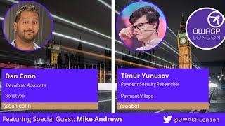 Speaker card showing Dan Conn, Timur, and special guest Mike Andrews speaking at OWASP London.