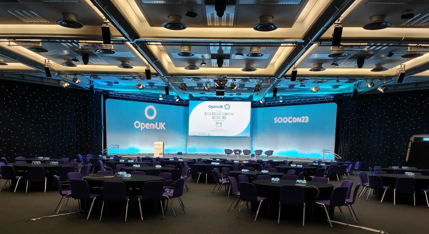 Picture of the empty hall of the Security track of OpenUK State of Open Con 2023.