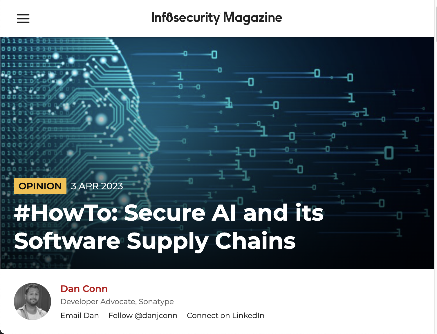 Page of Dan Conn's HowTo Secure AI and its Software Supply Chains in Infosecurity Magazine.