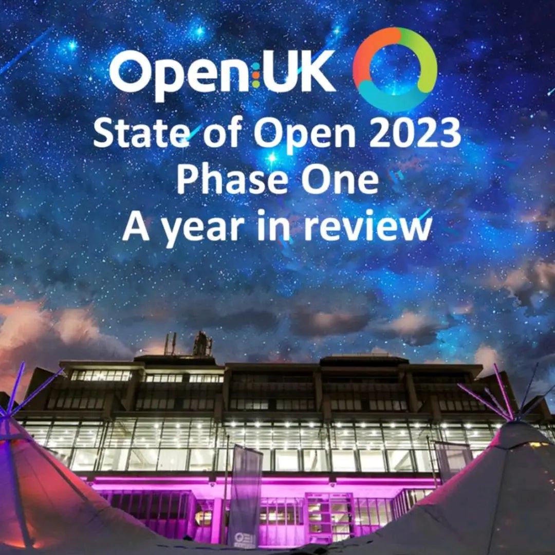 Cover of the Open UK State of Open 2023 Phase One A year in review report.